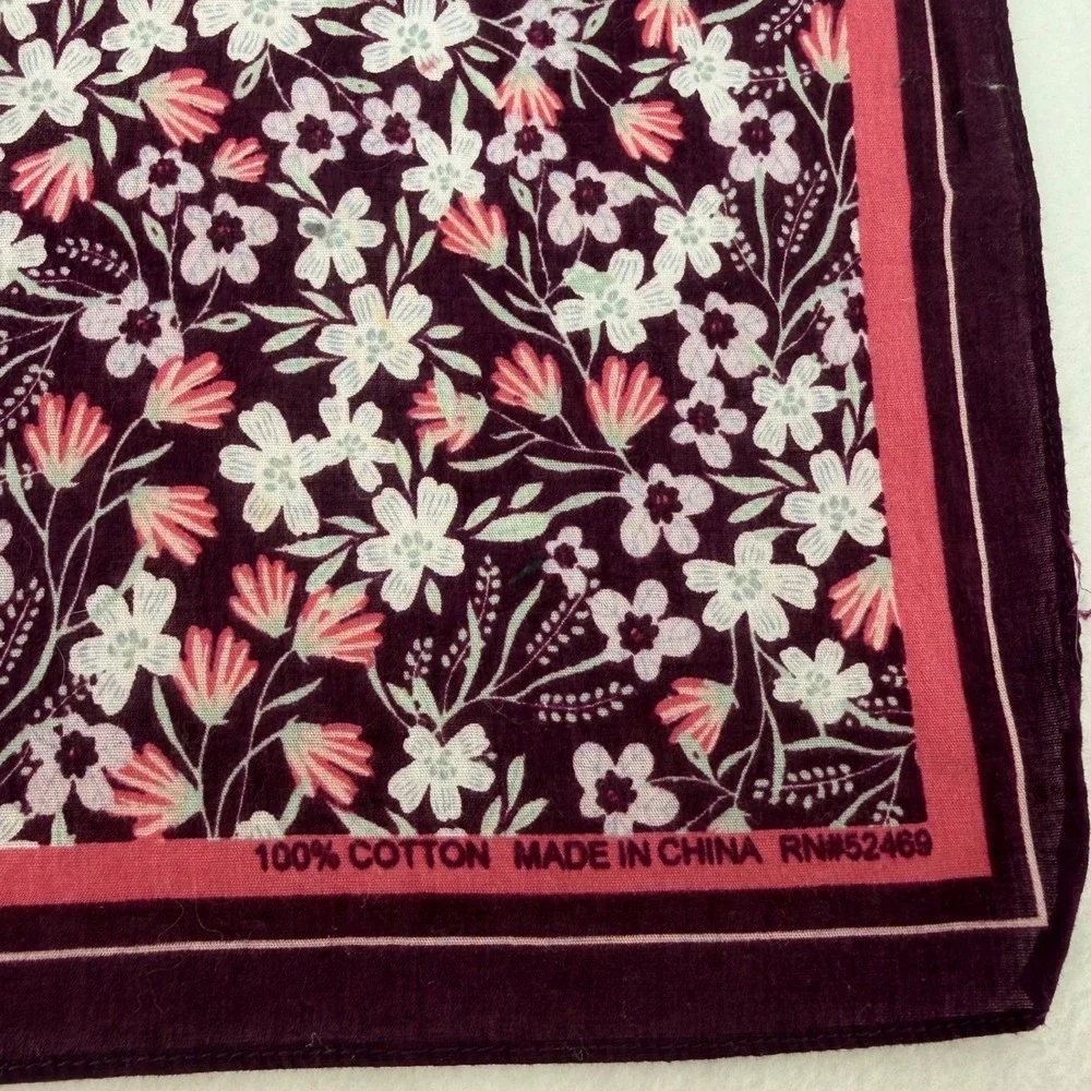 Vintage Burgundy Floral‎ Cotton Bandanna Scarf Wildflower Print RN52469